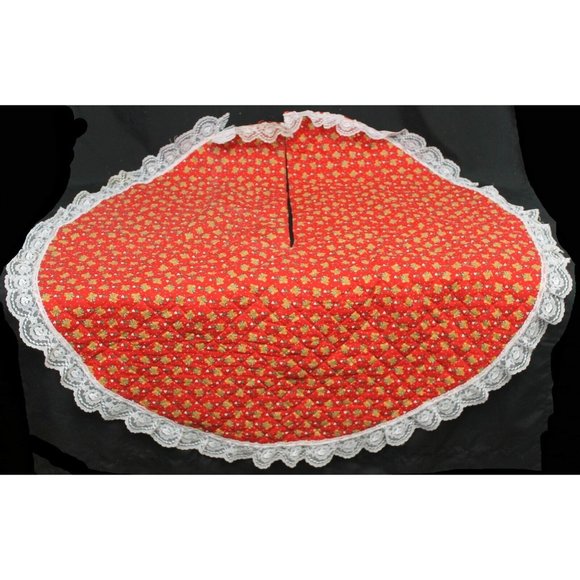 VTG? Handmade Tree Skirt Red with Teddy Bear Hearts Candy Cane - Lace Trim 35" - Picture 1 of 6